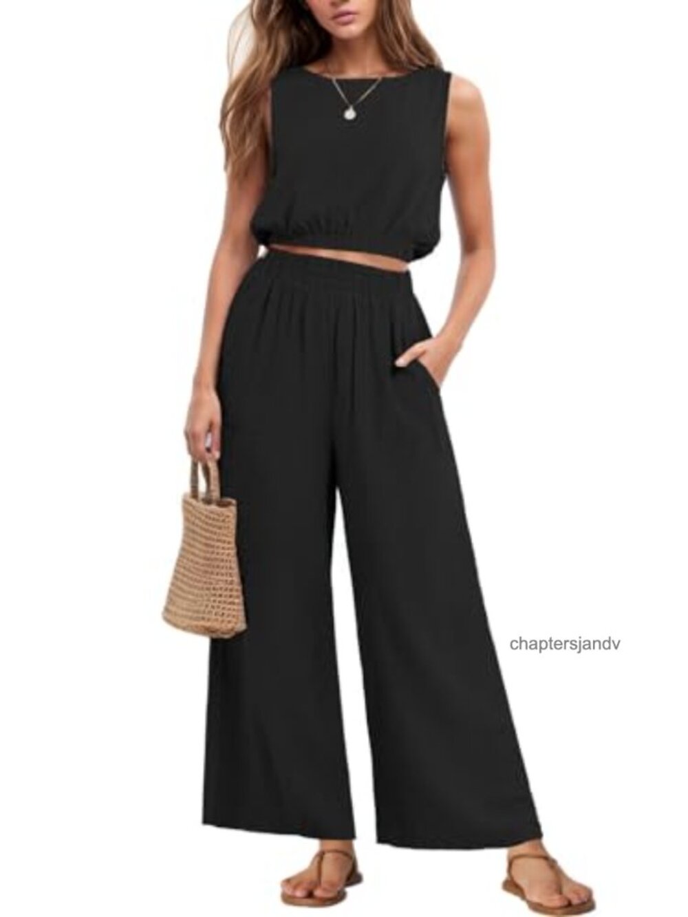 Women's 2 Piece Lounge Set Sleeveless Crop Top Wide Leg Pants Summer Outfit
